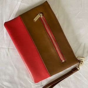Tan/Red leather two-tone wristlet NWOT